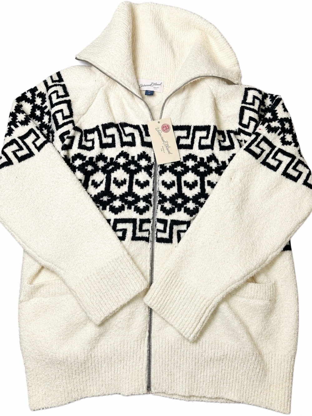 Universal Thread Women’s XL Cream Black Fair Isle Full Zip Sweater Jacket